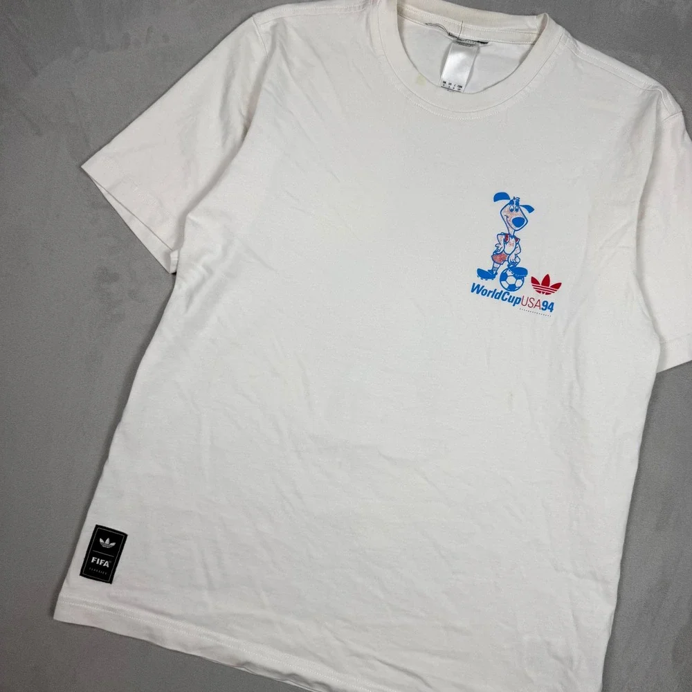 90s Mens Adidas World Cup USA 94 Striker Mascot Graphic Soccer T-Shirt Small